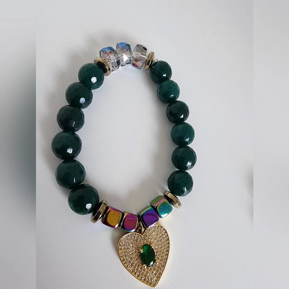 Agate Beaded Bracelet Green Gold Heart Charm CZ + Matching Earrings Jewelry Set